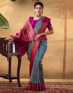 Collection of Gorgeous Peacock Blue Floral Soft Banaras Silk Saree in a gallery layout