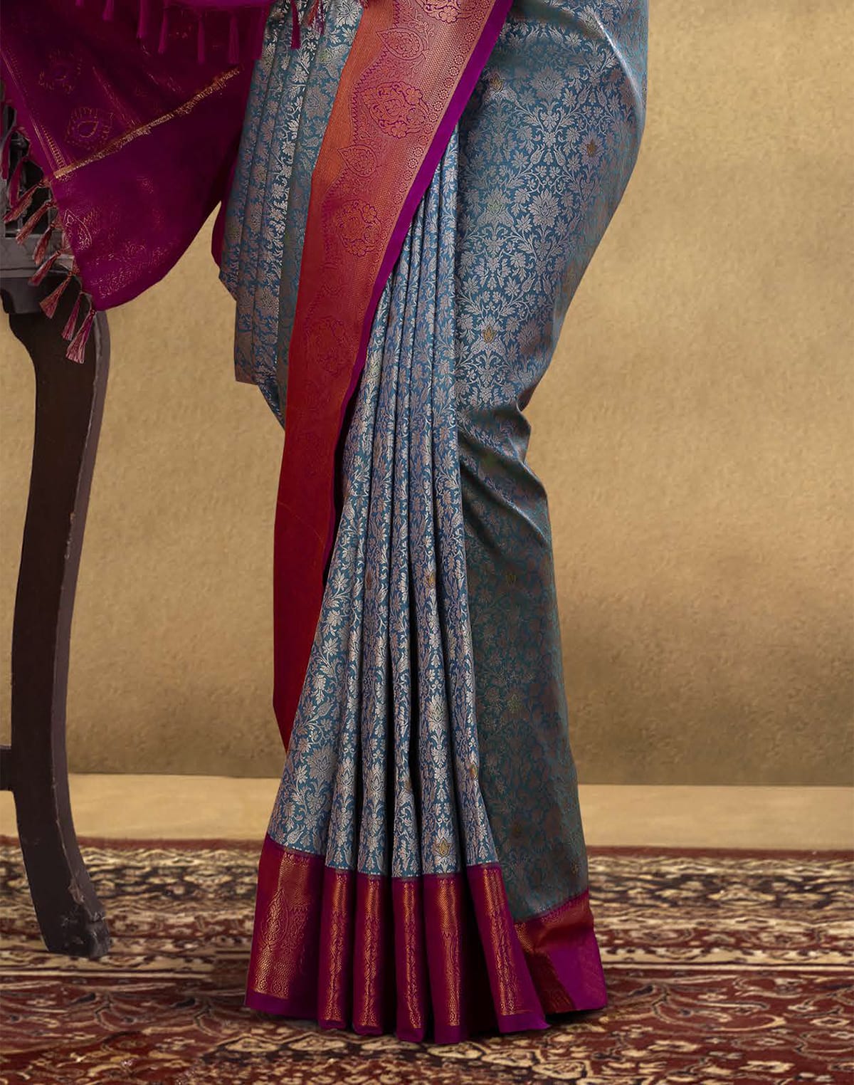 Collection of Gorgeous Peacock Blue Floral Soft Banaras Silk Saree in a gallery layout