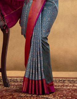 Collection of Gorgeous Peacock Blue Floral Soft Banaras Silk Saree in a gallery layout