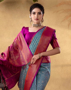 Collection of Gorgeous Peacock Blue Floral Soft Banaras Silk Saree in a gallery layout