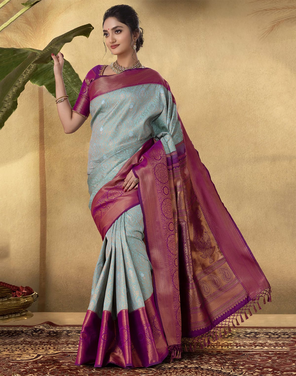 Collection of Elegant Sea Green Soft Banaras Silk Saree in a gallery layout