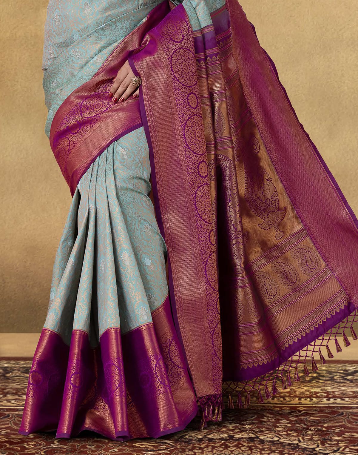 Collection of Elegant Sea Green Soft Banaras Silk Saree in a gallery layout