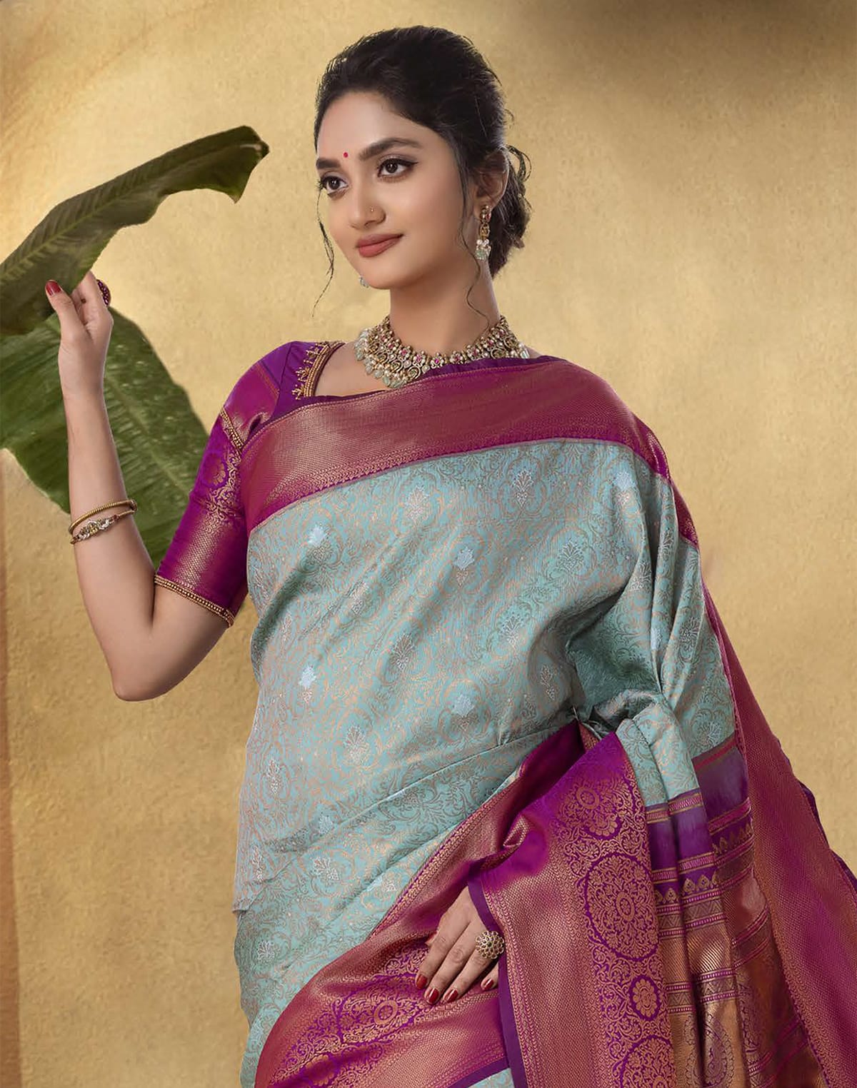 Collection of Elegant Sea Green Soft Banaras Silk Saree in a gallery layout