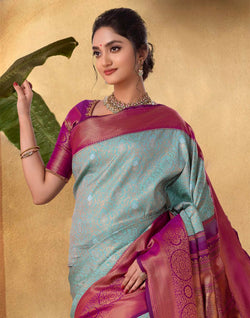 Collection of Elegant Sea Green Soft Banaras Silk Saree in a gallery layout