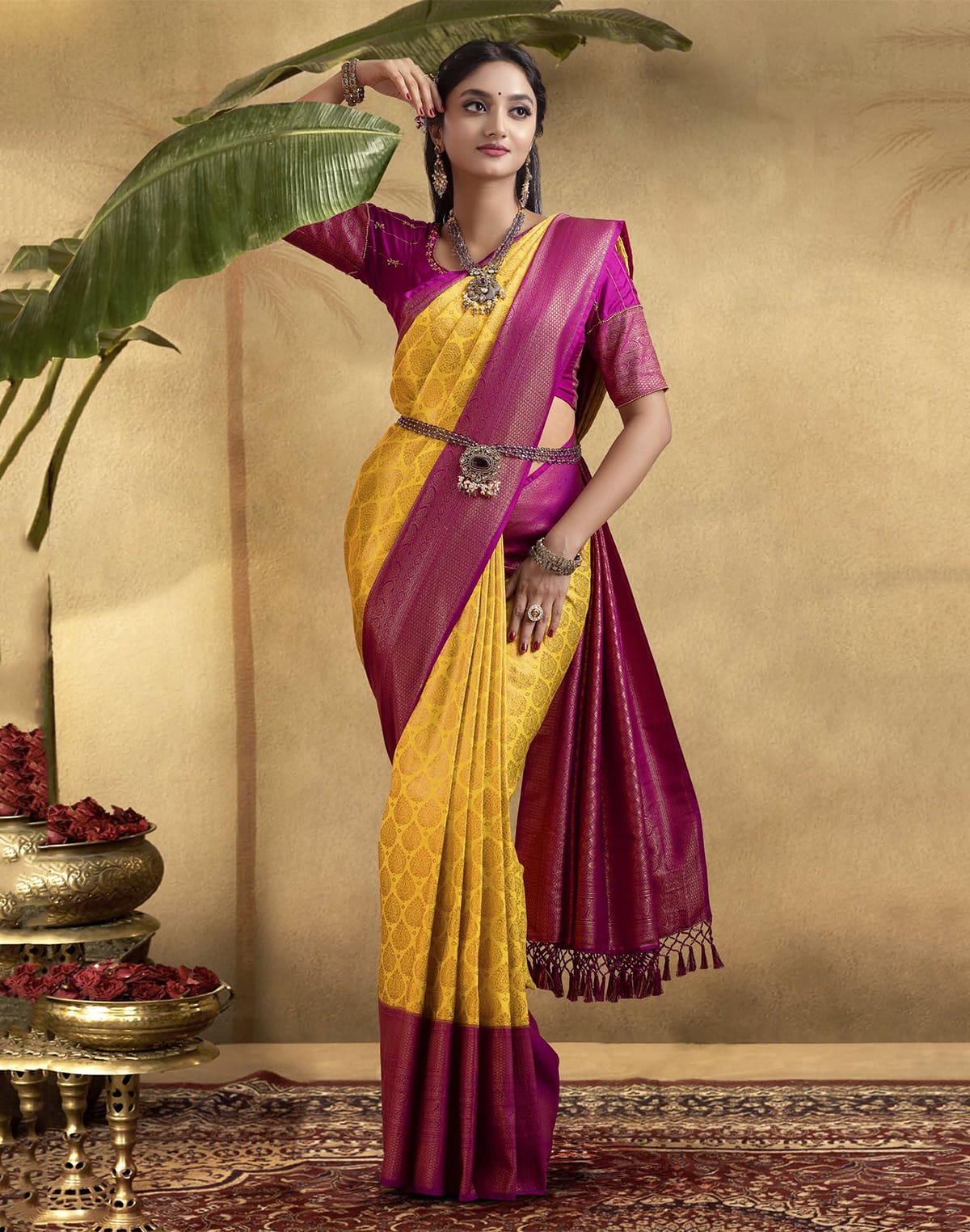 Collection of Soft Banaras Silk Yellow Coloured Contrast Border Saree in a gallery layout