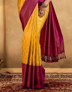 Collection of Soft Banaras Silk Yellow Coloured Contrast Border Saree in a gallery layout