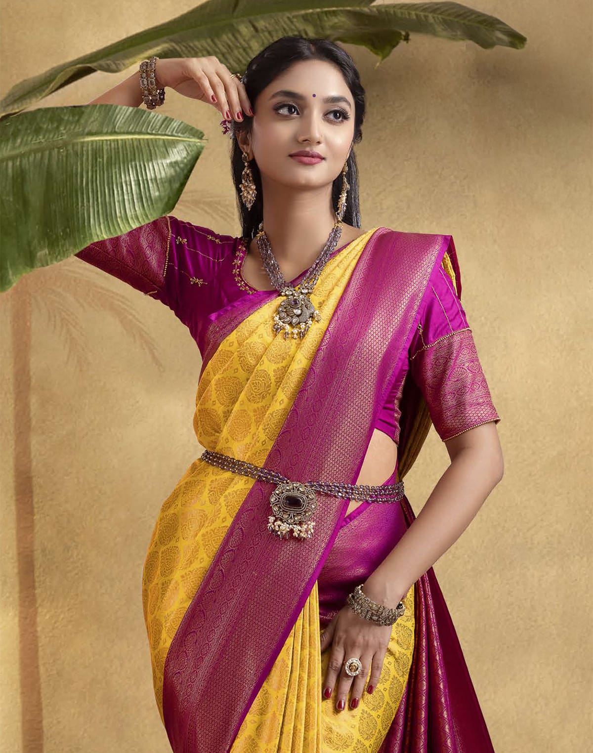 Collection of Soft Banaras Silk Yellow Coloured Contrast Border Saree in a gallery layout