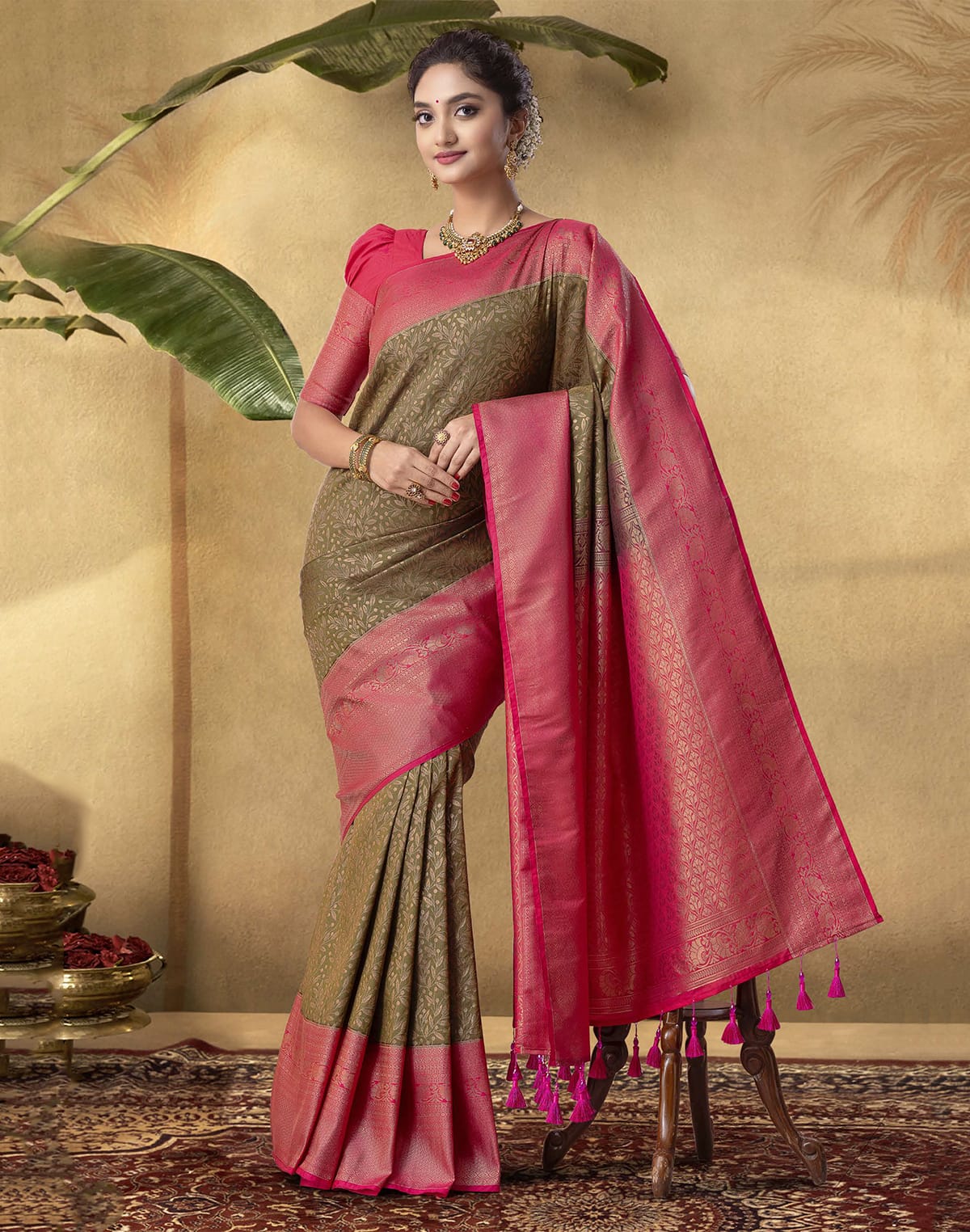 Collection of Beautiful Mehendi Green Coloured Contrast Border Saree in a gallery layout