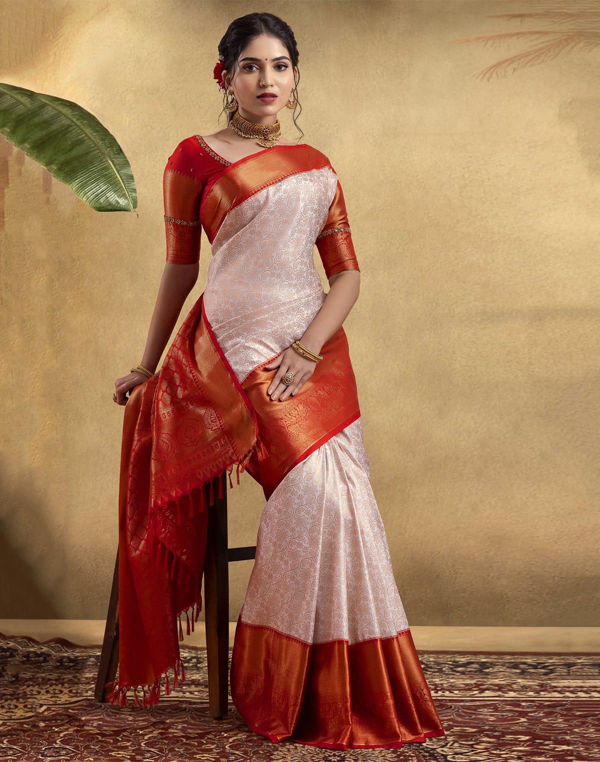 Collection of Elegant Cream Coloured Soft Banaras Fancy Contrast Border Saree in a gallery layout