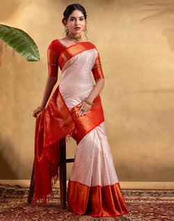 Collection of Elegant Cream Coloured Soft Banaras Fancy Contrast Border Saree in a gallery layout