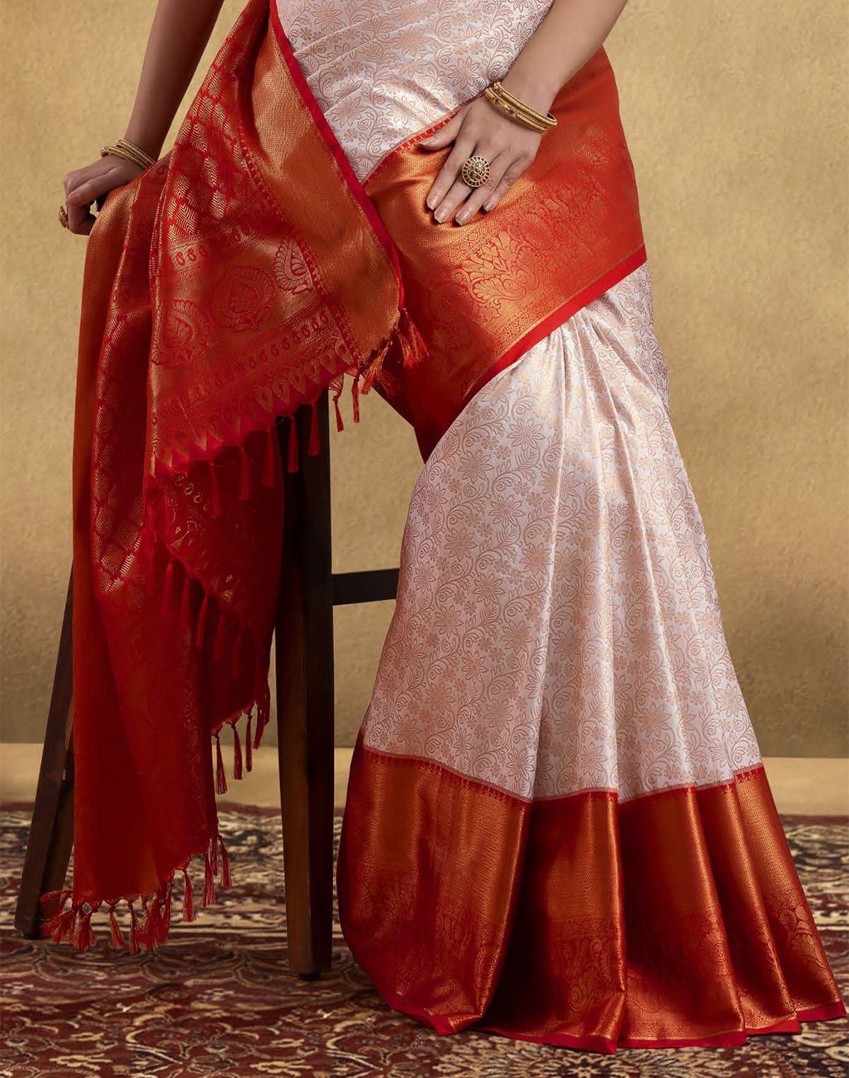 Collection of Elegant Cream Coloured Soft Banaras Fancy Contrast Border Saree in a gallery layout