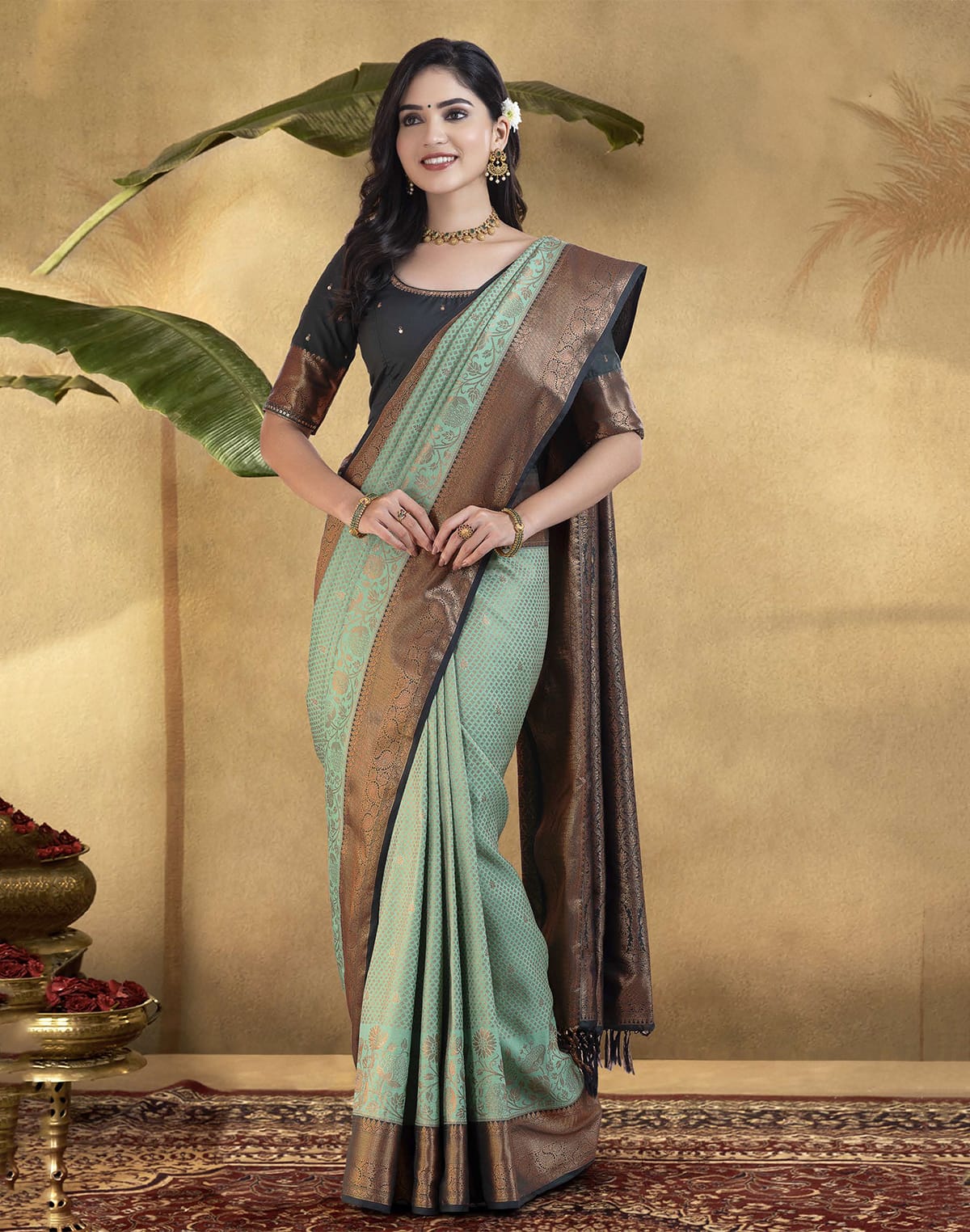 Collection of Attractive Sea Green Copper Zari Soft Banaras Fancy Saree in a gallery layout