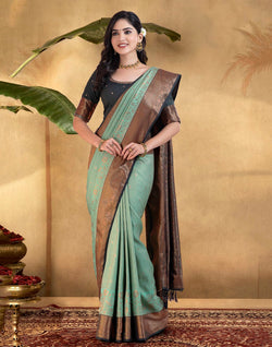 Collection of Attractive Sea Green Copper Zari Soft Banaras Fancy Saree in a gallery layout