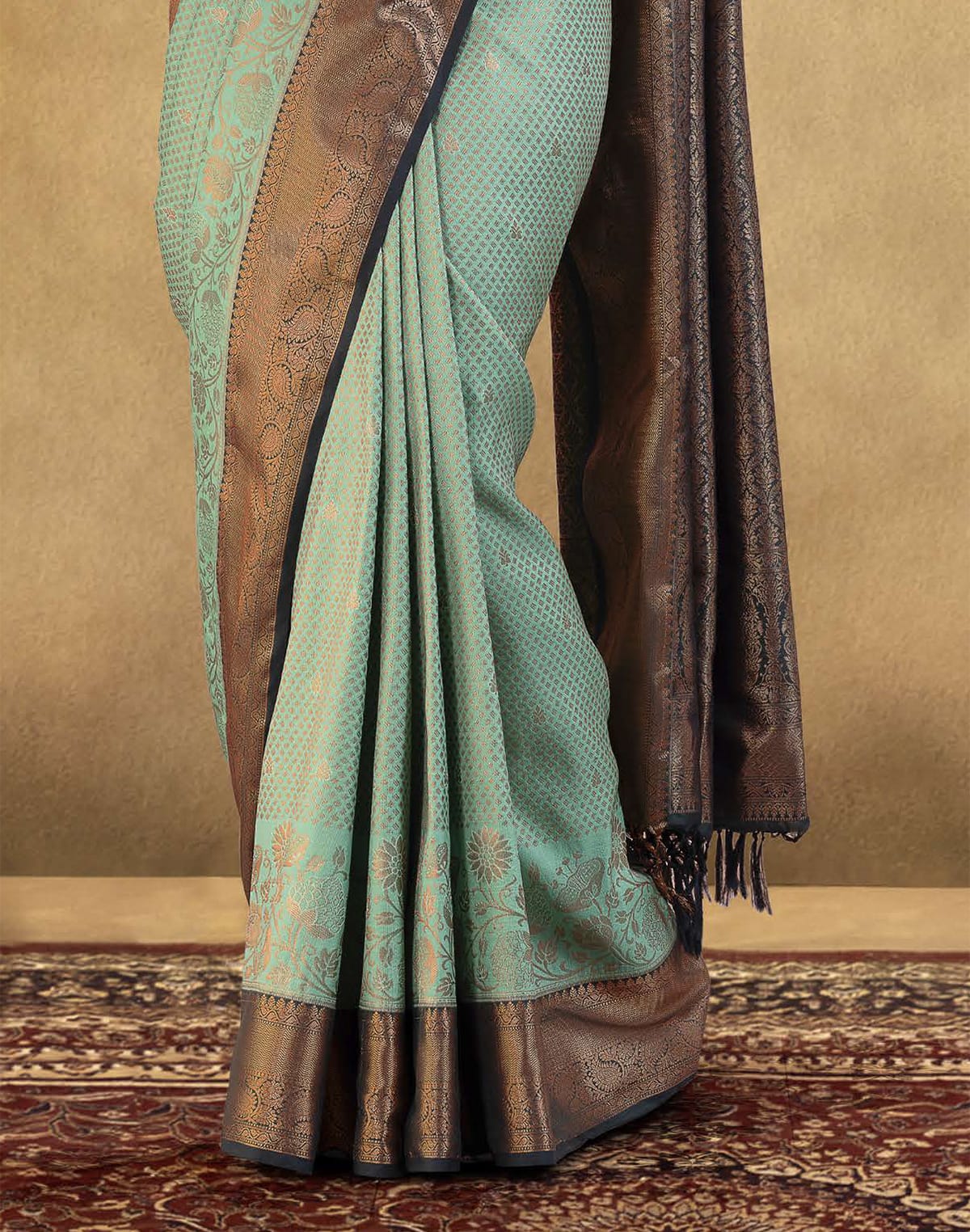 Collection of Attractive Sea Green Copper Zari Soft Banaras Fancy Saree in a gallery layout