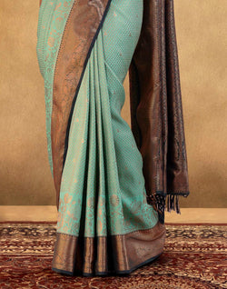 Collection of Attractive Sea Green Copper Zari Soft Banaras Fancy Saree in a gallery layout