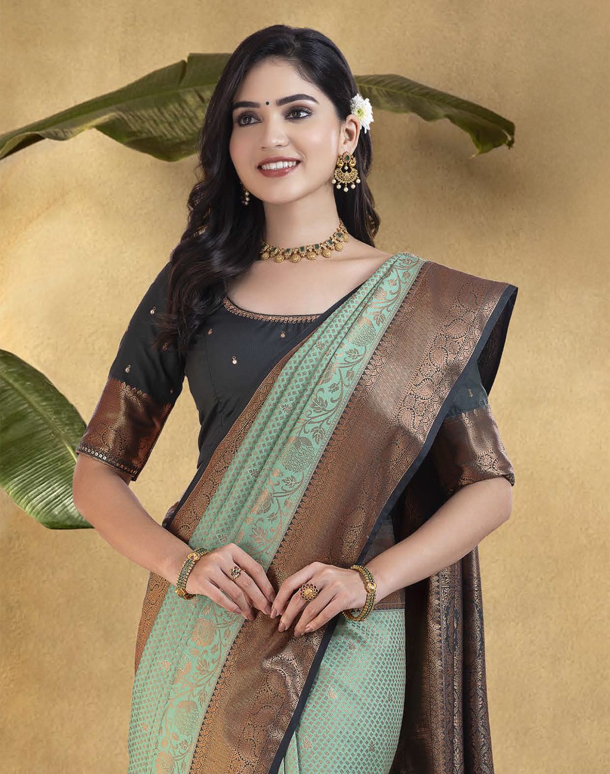 Collection of Attractive Sea Green Copper Zari Soft Banaras Fancy Saree in a gallery layout