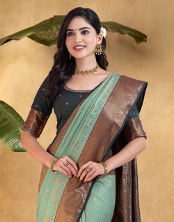 Collection of Attractive Sea Green Copper Zari Soft Banaras Fancy Saree in a gallery layout