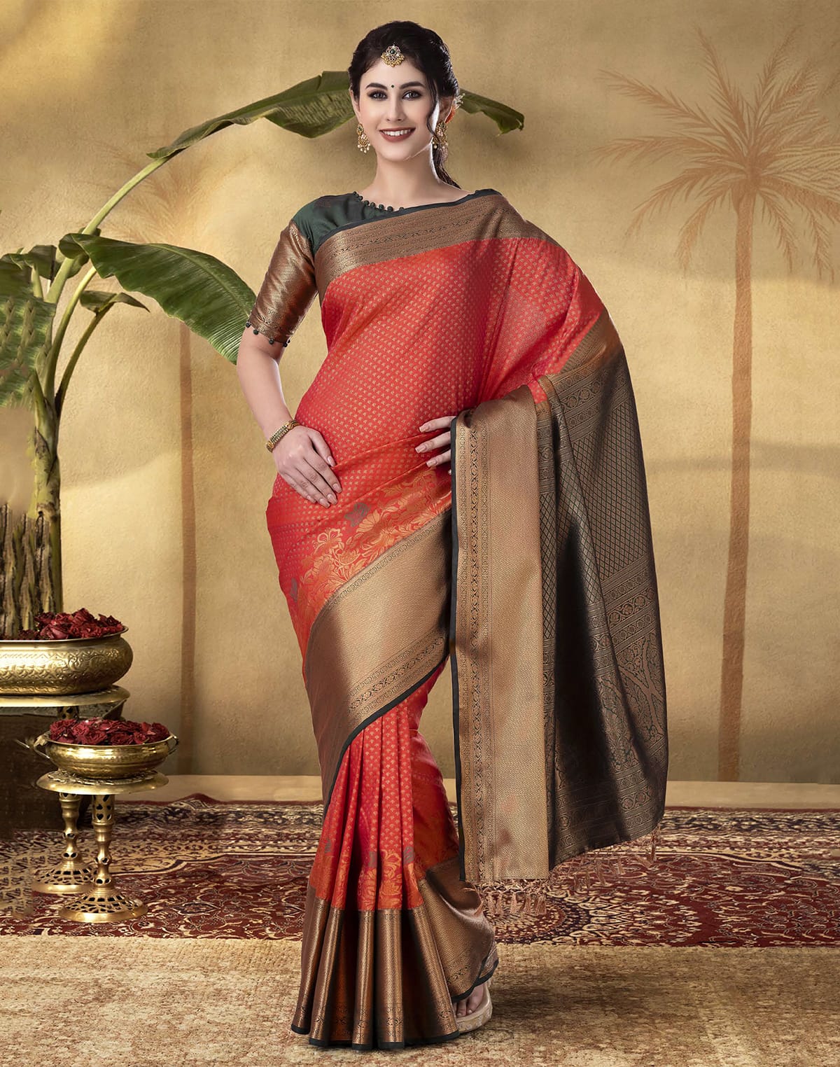 Collection of Orange Coloured Copper Zari Border Soft Banaras Silk Saree in a gallery layout