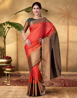 Collection of Orange Coloured Copper Zari Border Soft Banaras Silk Saree in a gallery layout