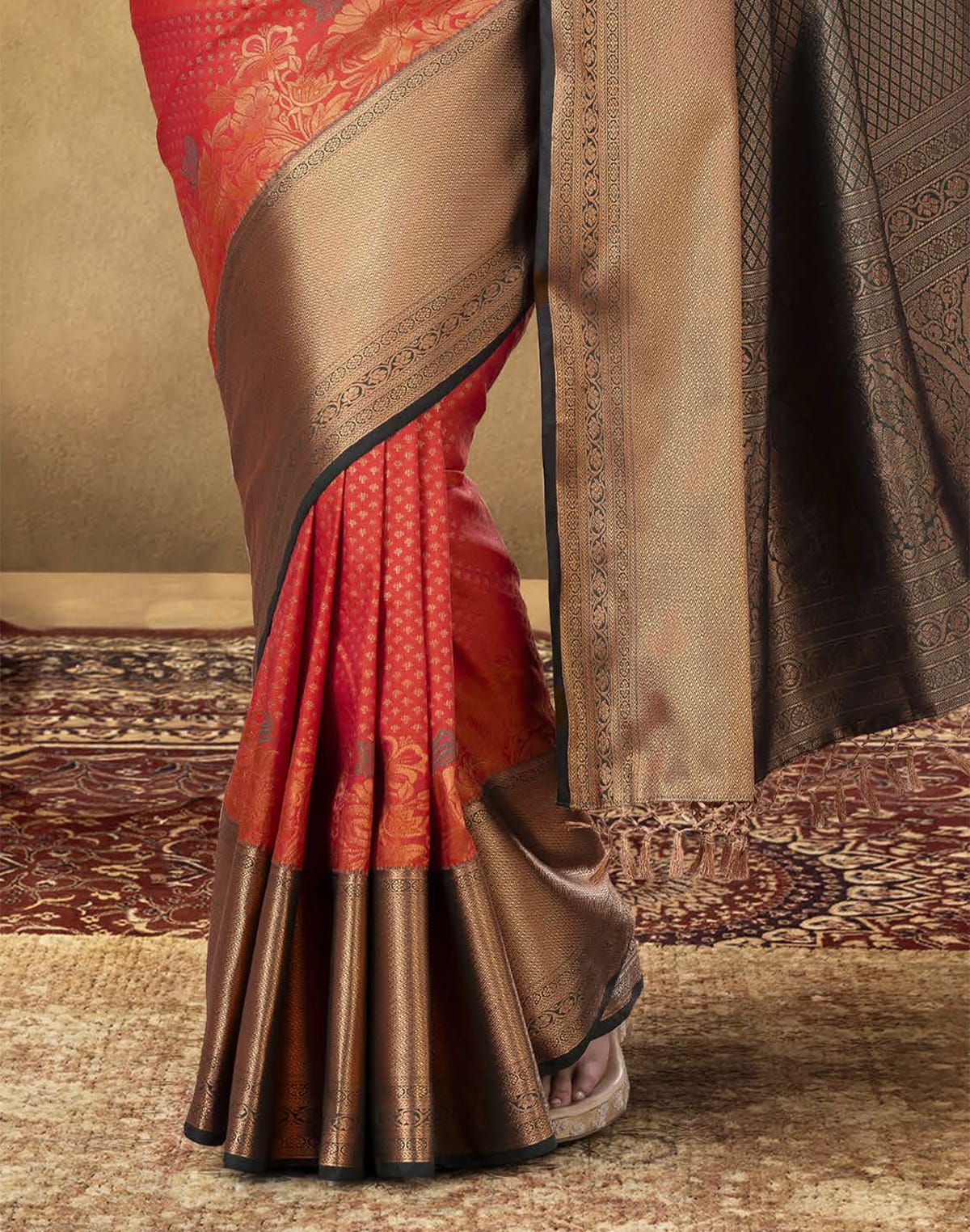 Collection of Orange Coloured Copper Zari Border Soft Banaras Silk Saree in a gallery layout