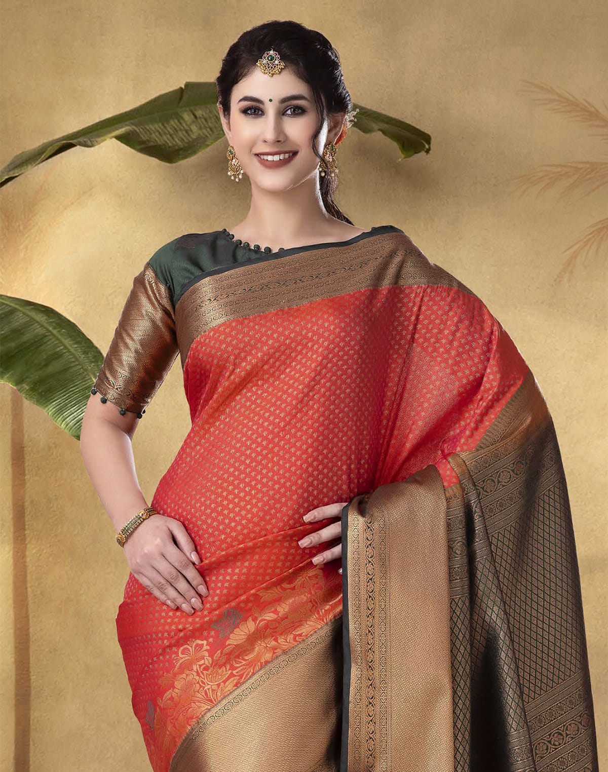 Collection of Orange Coloured Copper Zari Border Soft Banaras Silk Saree in a gallery layout