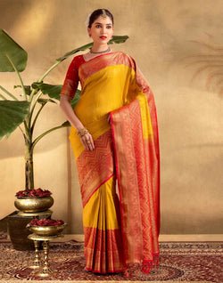 Collection of Yellow Coloured Self Design Soft Banaras Saree in a gallery layout