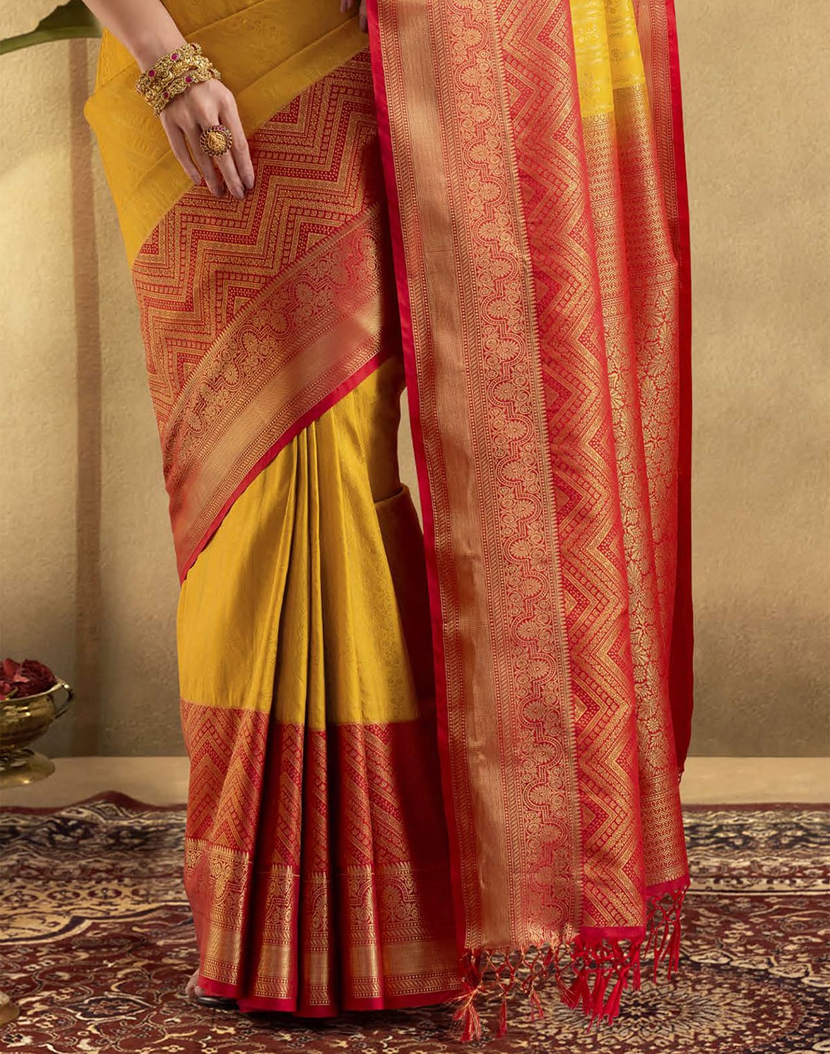 Collection of Yellow Coloured Self Design Soft Banaras Saree in a gallery layout