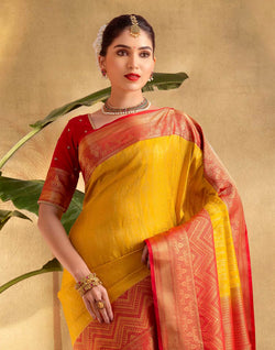 Collection of Yellow Coloured Self Design Soft Banaras Saree in a gallery layout