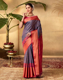 Collection of Blue Floral Soft Banaras Contrast Border Saree in a gallery layout