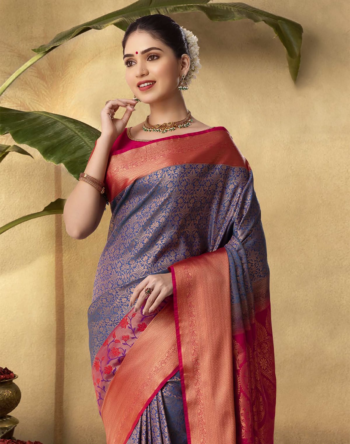 Collection of Blue Floral Soft Banaras Contrast Border Saree in a gallery layout