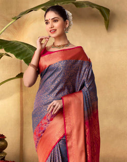 Collection of Blue Floral Soft Banaras Contrast Border Saree in a gallery layout