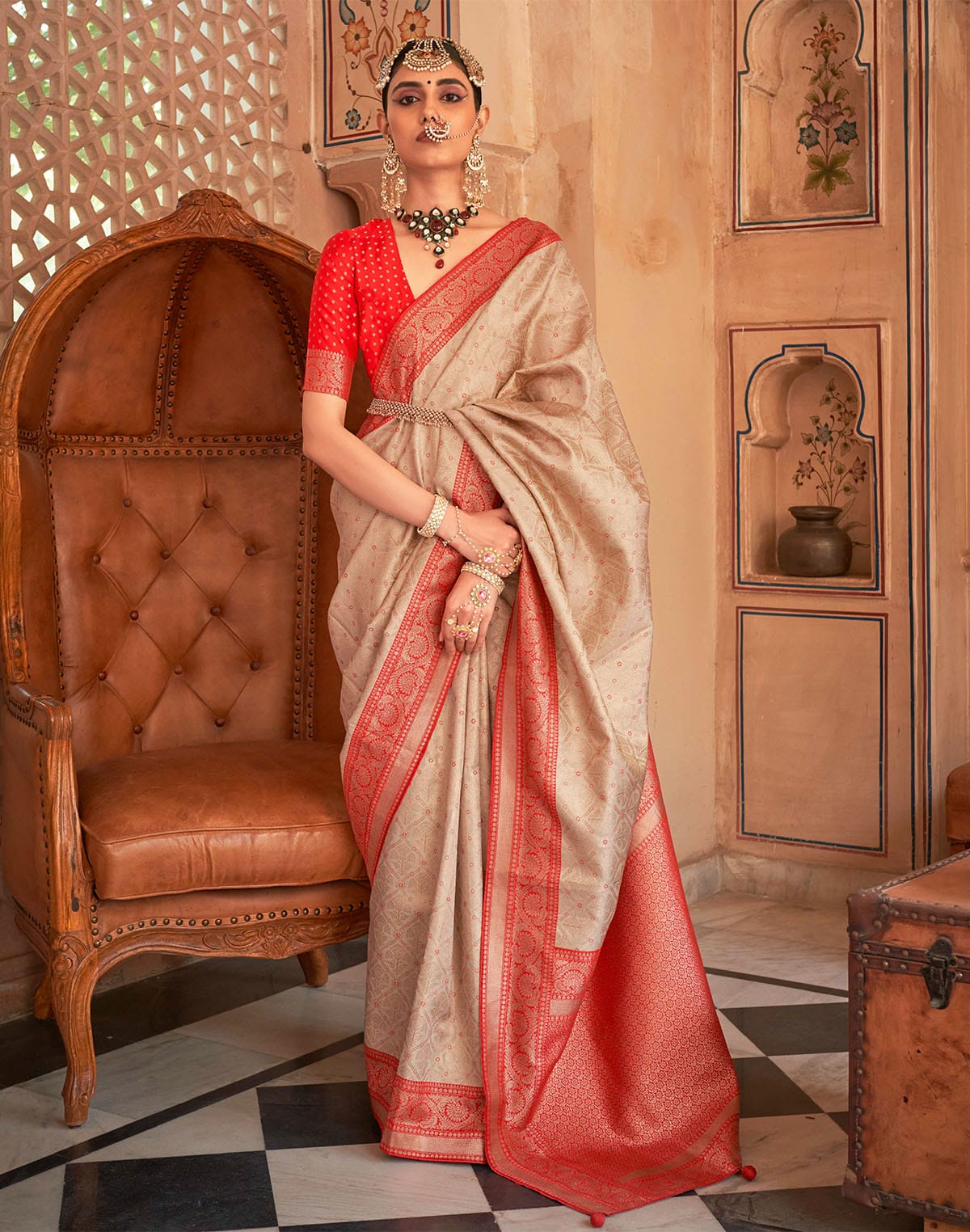 Collection of Beige Soft Banaras Silk Saree with Contrast Blouse in a gallery layout