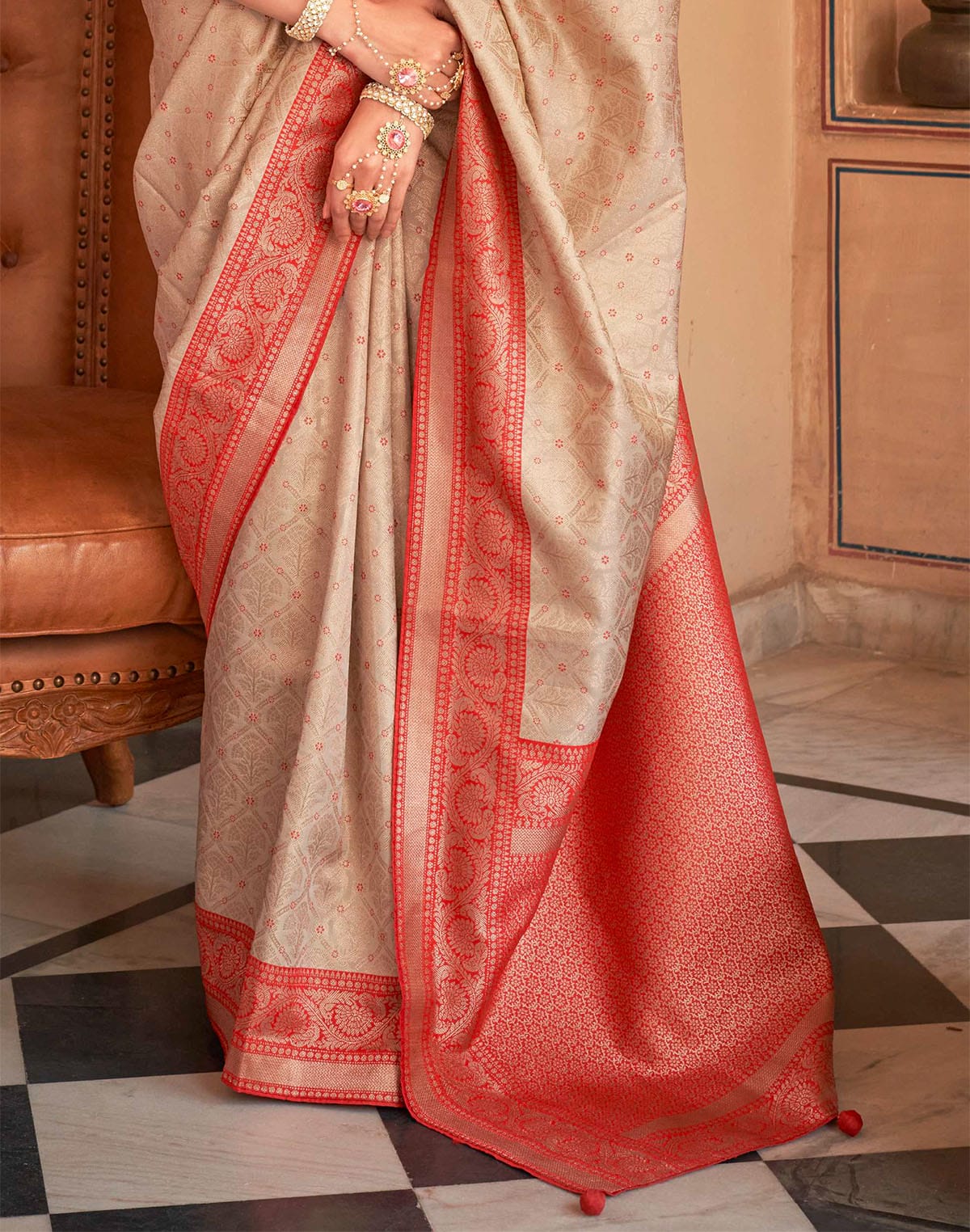 Collection of Beige Soft Banaras Silk Saree with Contrast Blouse in a gallery layout