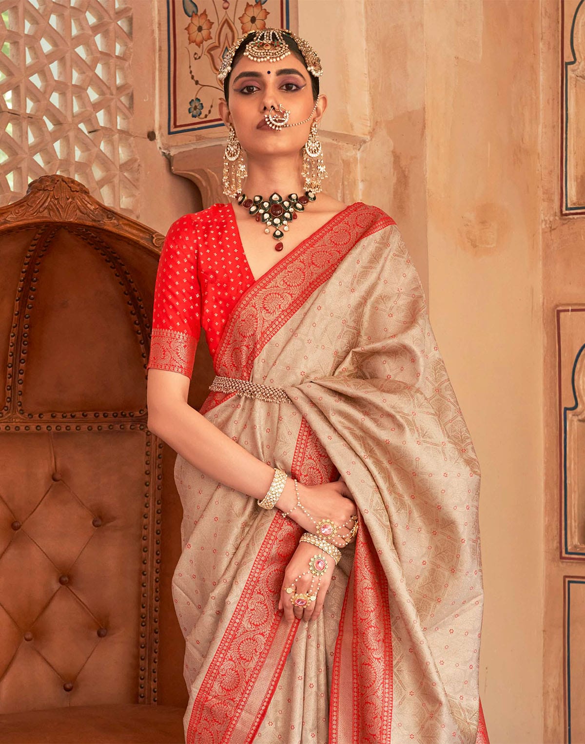 Collection of Beige Soft Banaras Silk Saree with Contrast Blouse in a gallery layout