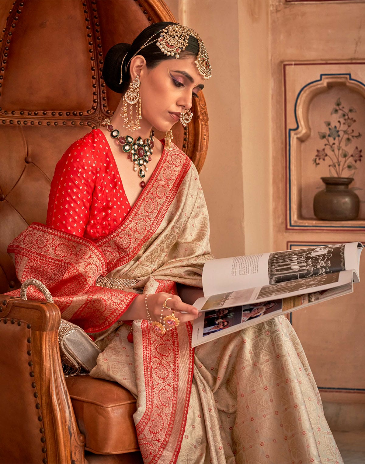 Collection of Beige Soft Banaras Silk Saree with Contrast Blouse in a gallery layout