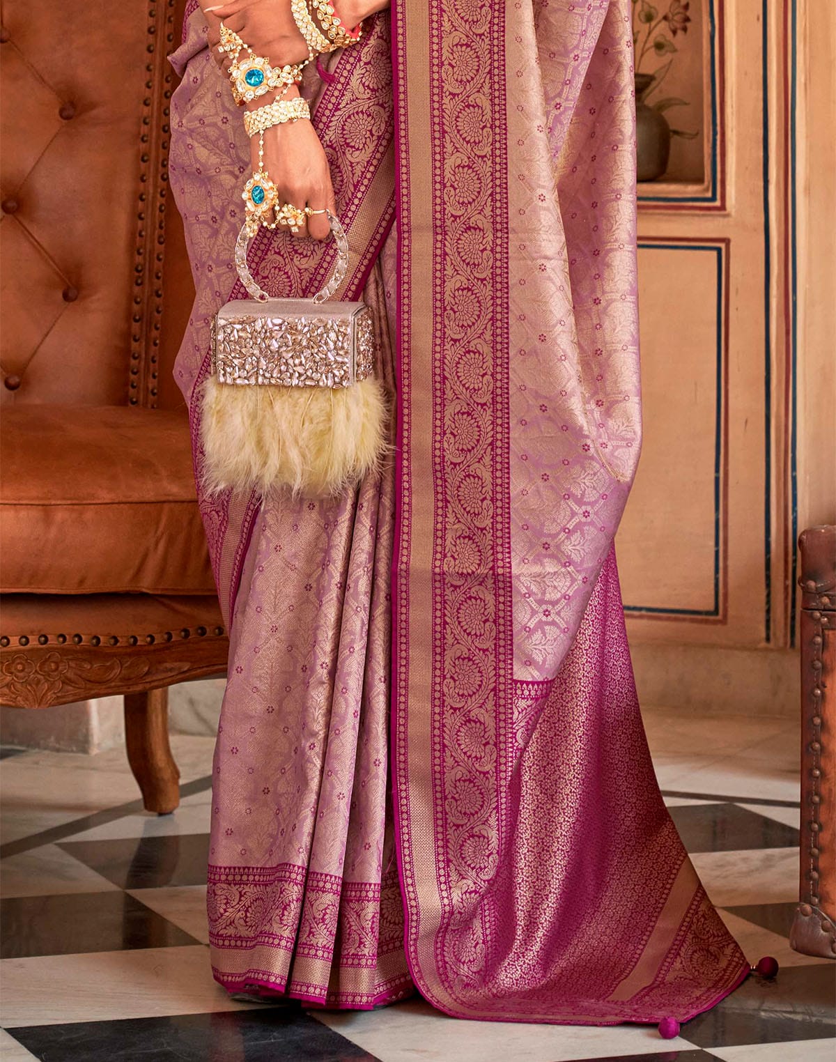 Collection of Light Purple Woven Royal Banaras Silk Saree in a gallery layout