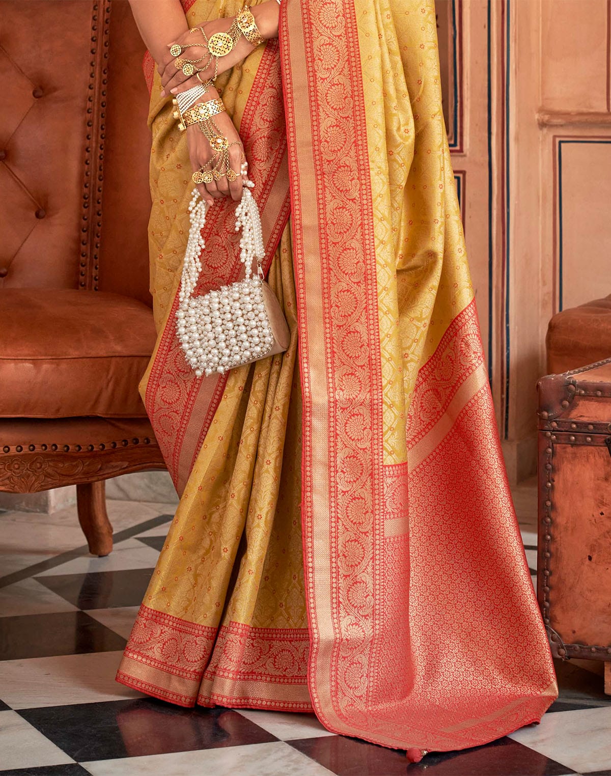 Collection of Light Yellow Soft Banaras Silk Classic Saree in a gallery layout