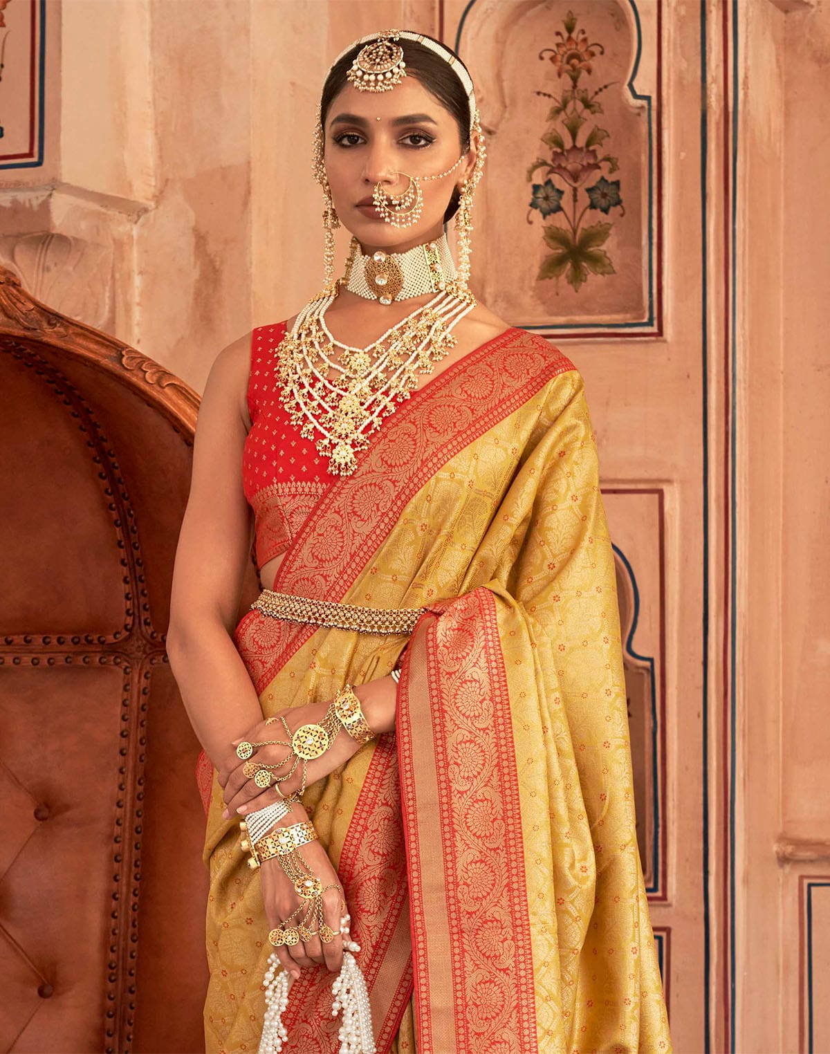 Collection of Light Yellow Soft Banaras Silk Classic Saree in a gallery layout