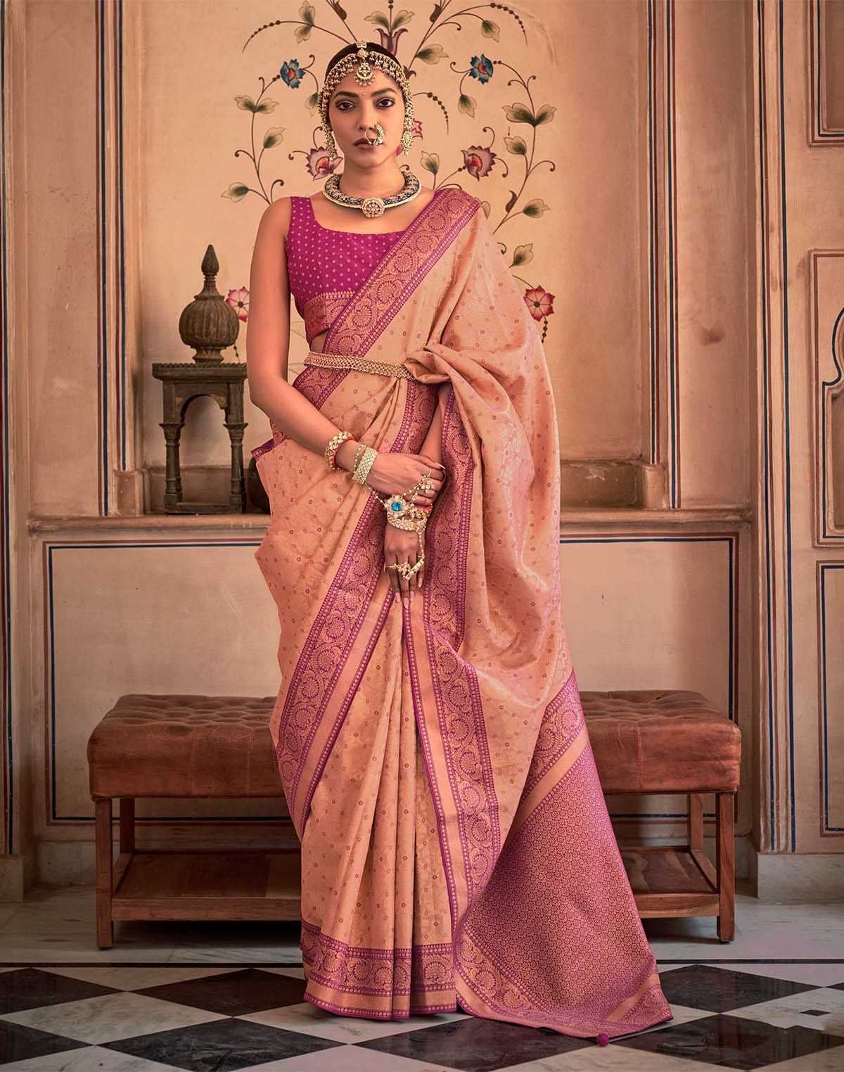 Collection of Peach Coloured Soft Banaras Silk Saree in a gallery layout