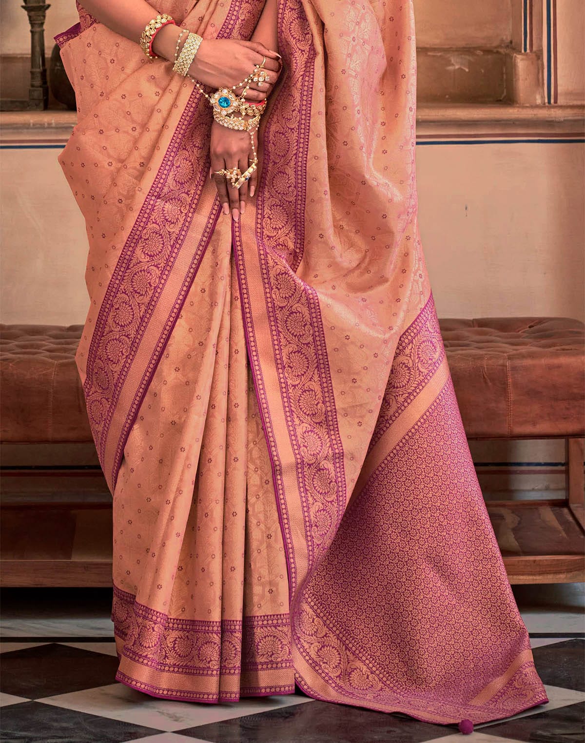 Collection of Peach Coloured Soft Banaras Silk Saree in a gallery layout