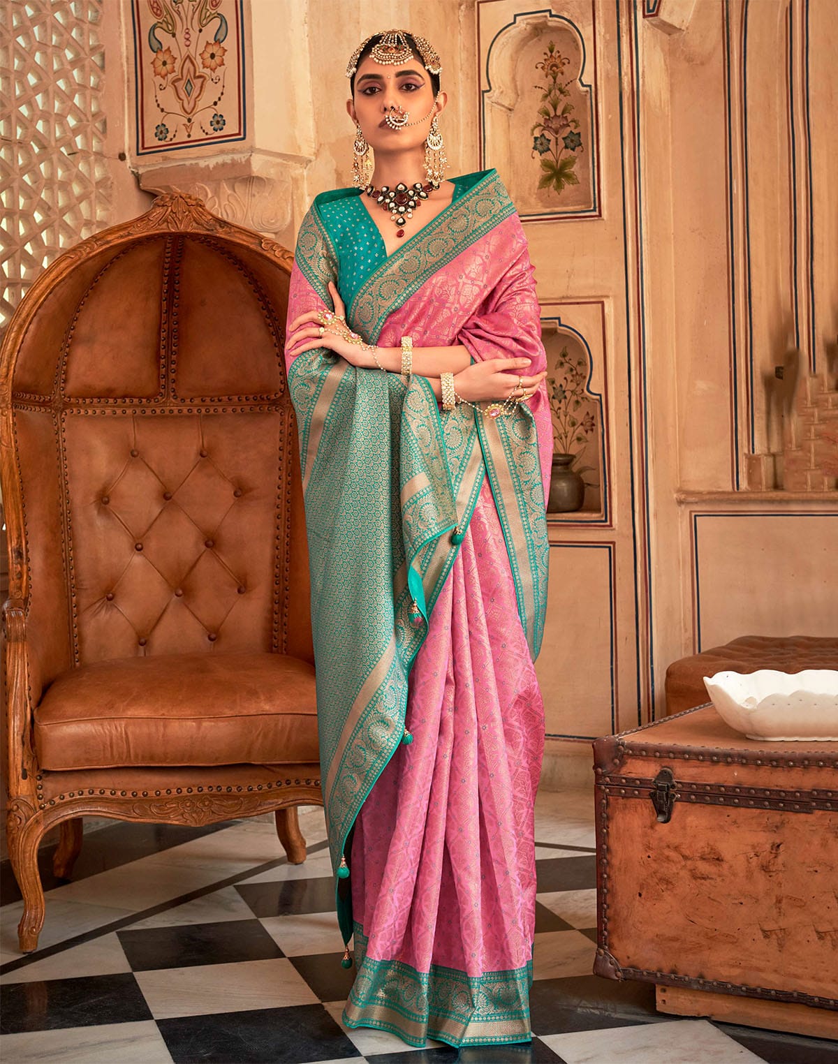 Pink Floral Print Banaras Silk Saree