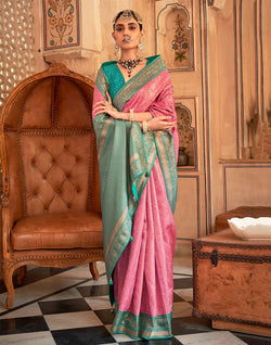 Collection of Pink Floral Print Banaras Silk Saree in a gallery layout