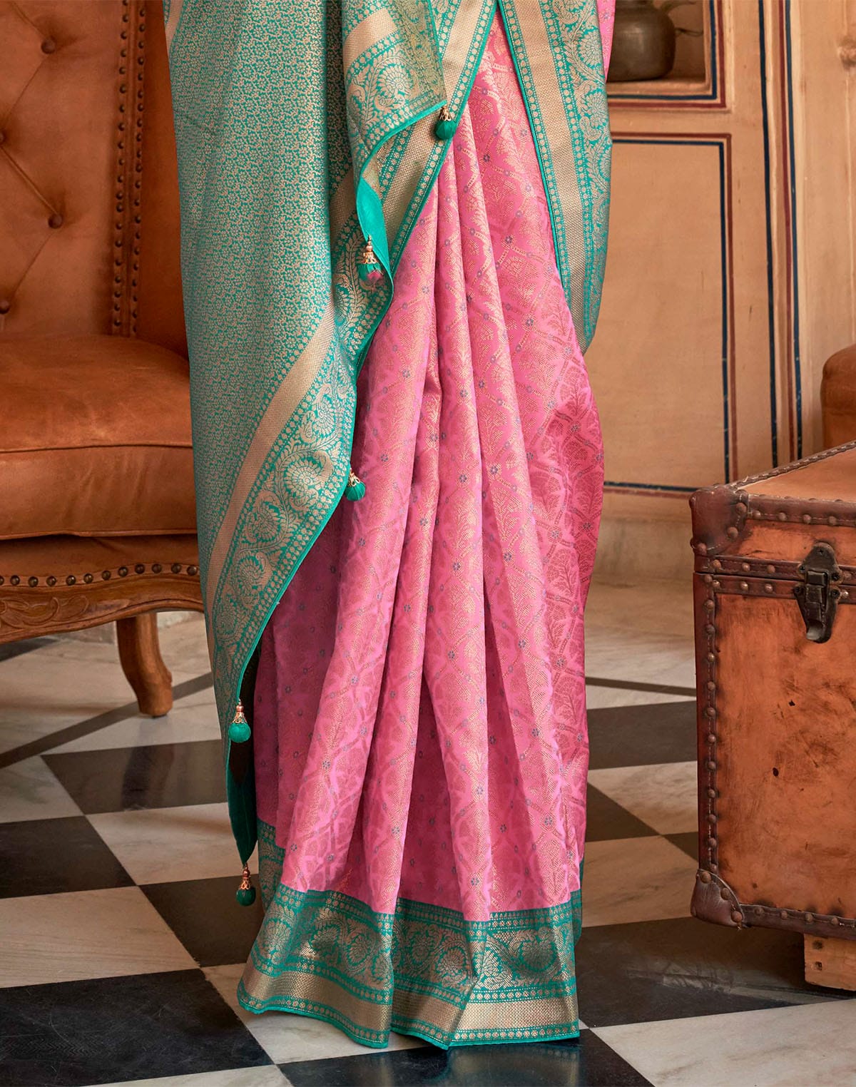 Collection of Pink Floral Print Banaras Silk Saree in a gallery layout