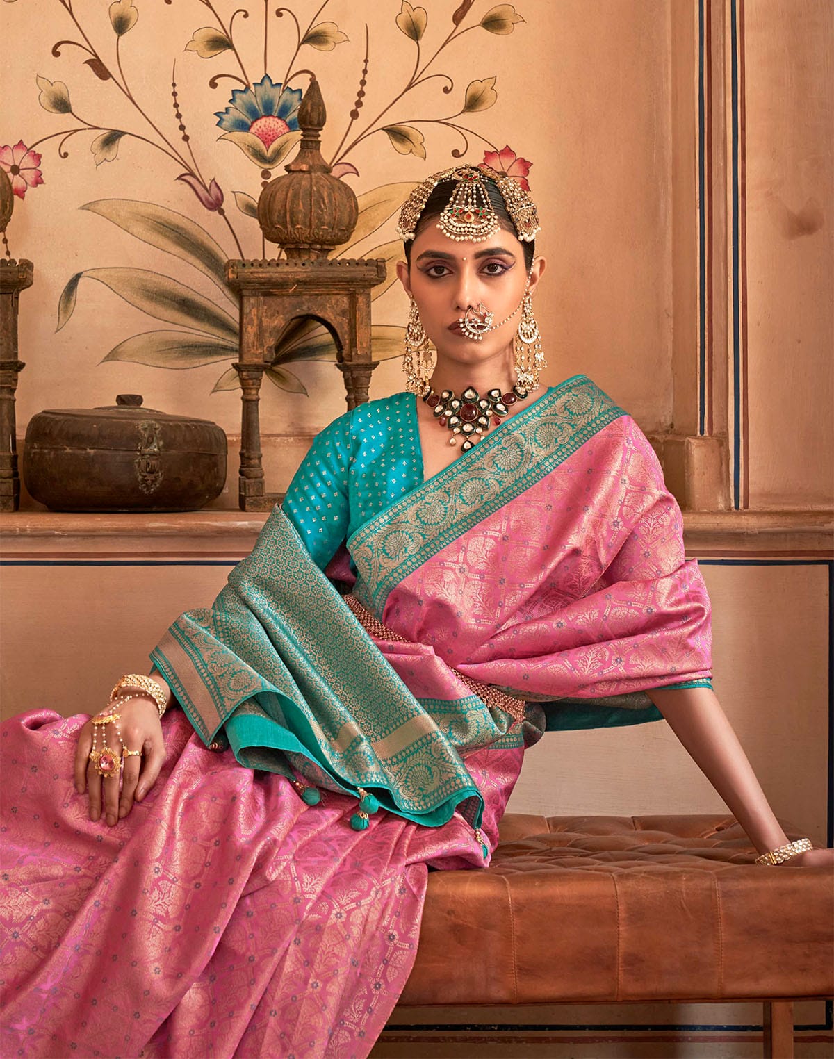 Collection of Pink Floral Print Banaras Silk Saree in a gallery layout