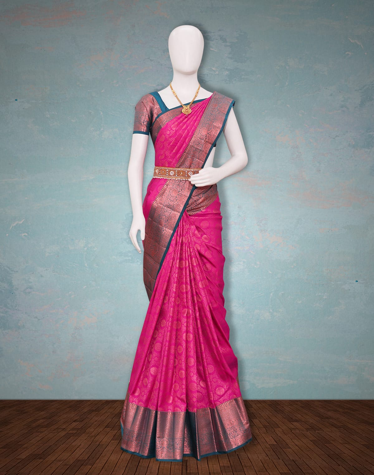 Pink Floral design with Copper Zari Border Saree