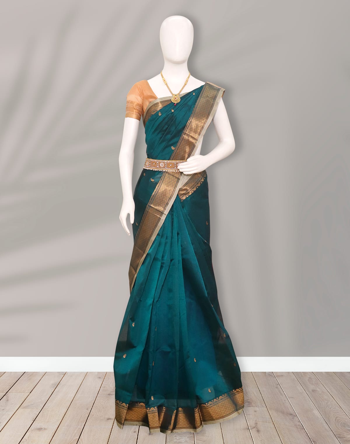 Collection of Uppada Sico Butta Peacock Blue and Cream Cotton Silk Saree in a gallery layout