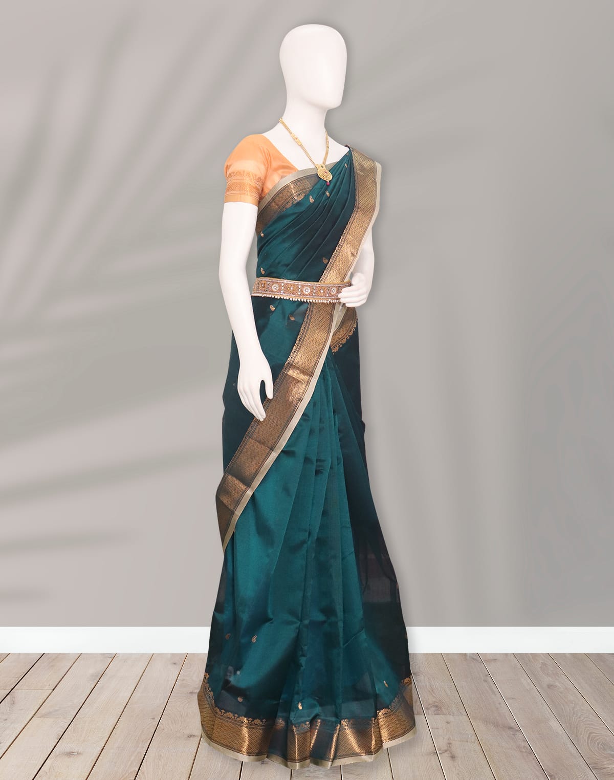 Collection of Uppada Sico Butta Peacock Blue and Cream Cotton Silk Saree in a gallery layout