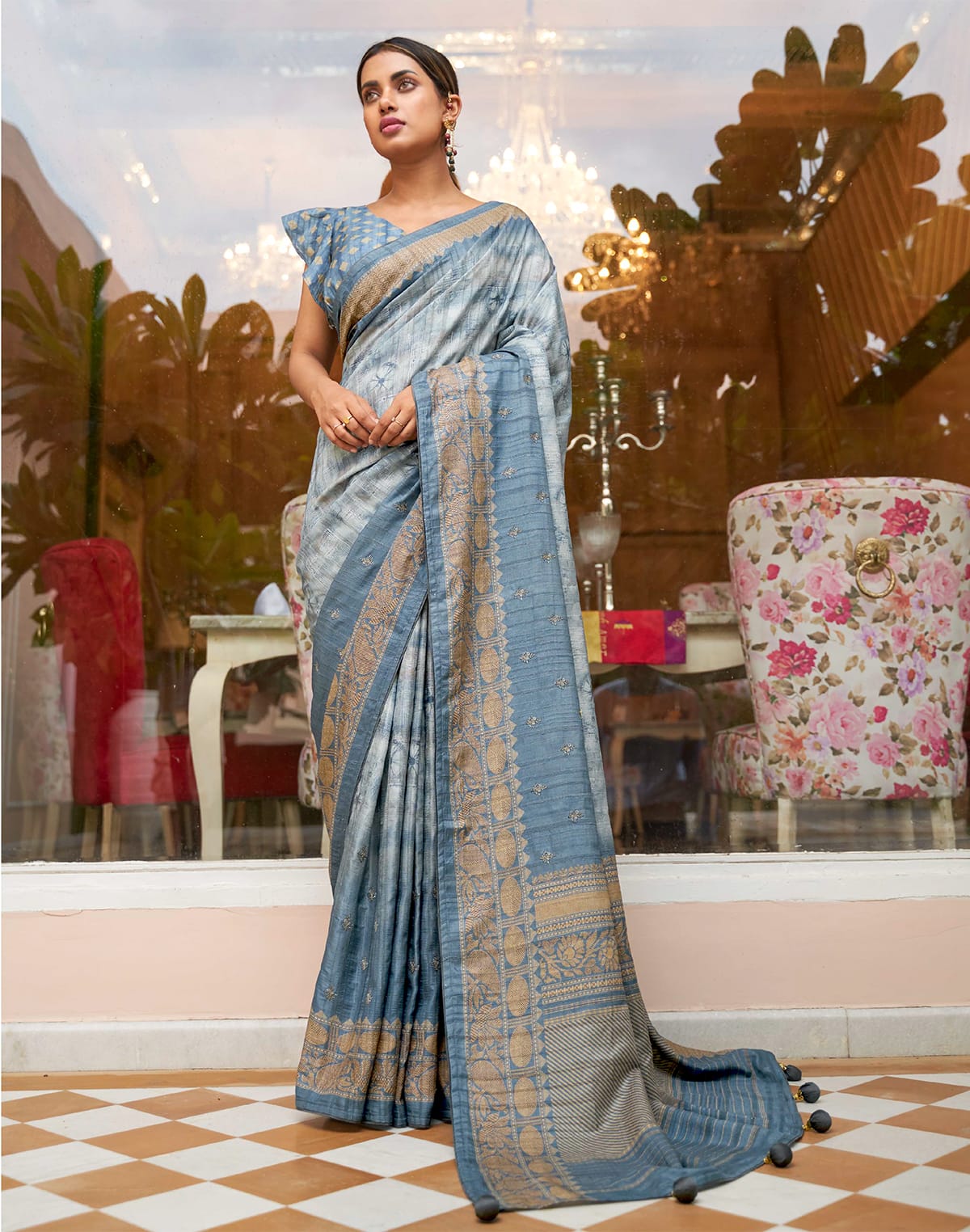 Collection of Light Blue Khaddi Jute Silk Fancy Saree in a gallery layout