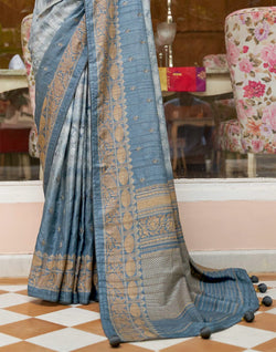 Collection of Light Blue Khaddi Jute Silk Fancy Saree in a gallery layout