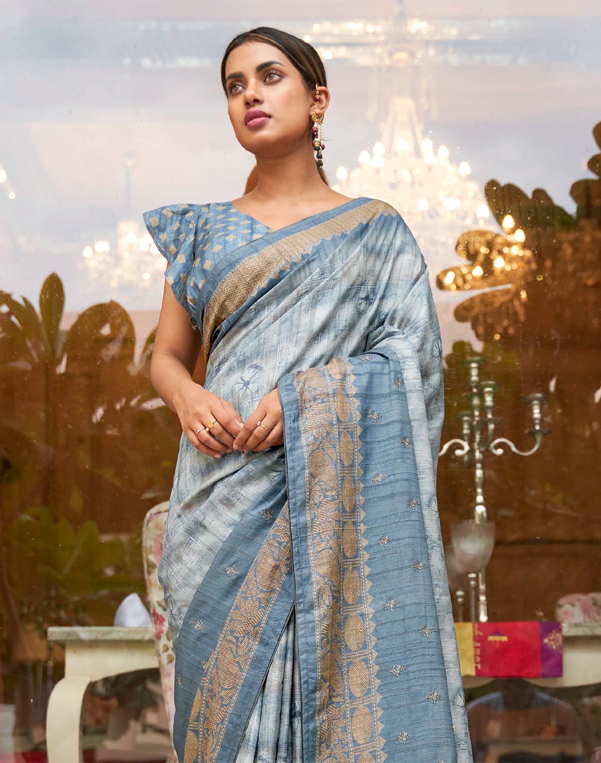 Collection of Light Blue Khaddi Jute Silk Fancy Saree in a gallery layout